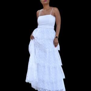 White Lace Maxi Dress Vintage Tiered Column Ruffle Gloves Boho Retro Size Small